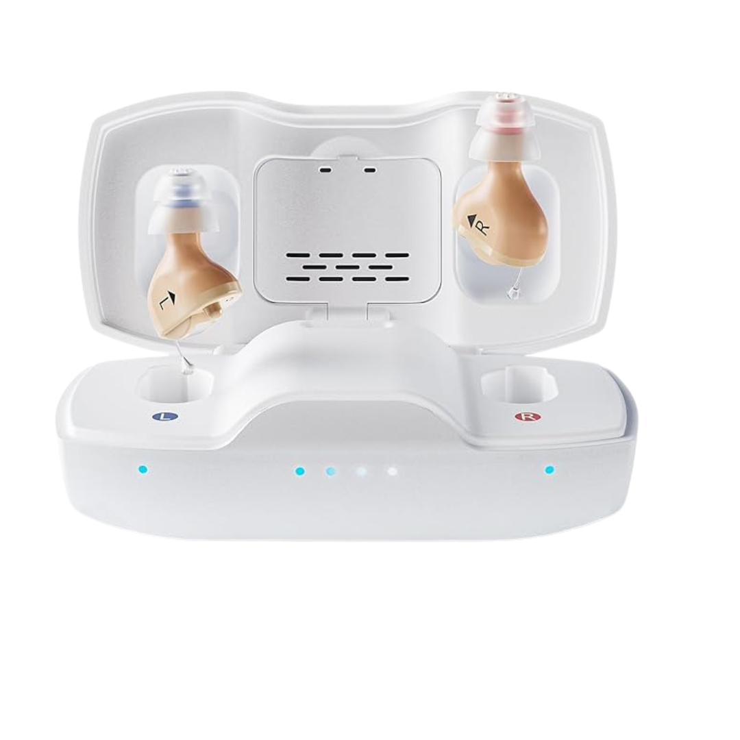 A pair of beige iBstone Nova Ultra Compact Hearing Aids rests in a white open charging case, which features indicator lights and left/right markings.